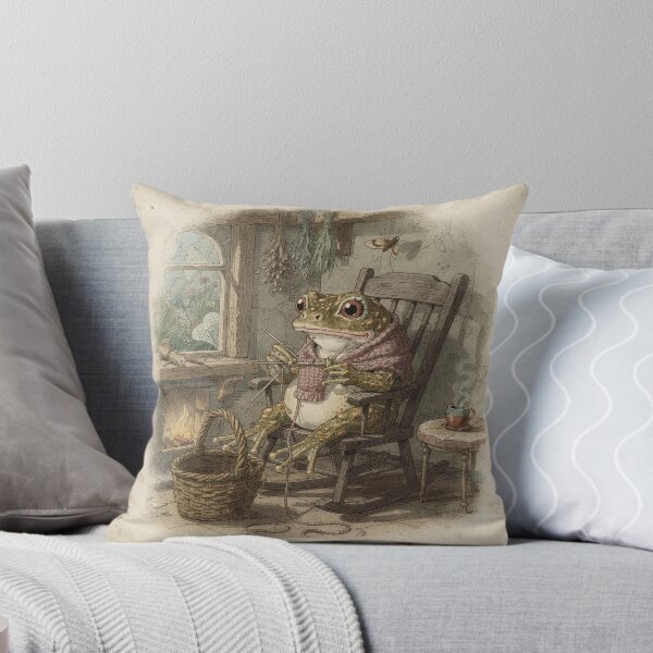 Item preview, Cozy Frog Knitting by Fire - Cottagecore Art designed and sold by PictorialWhimsy.