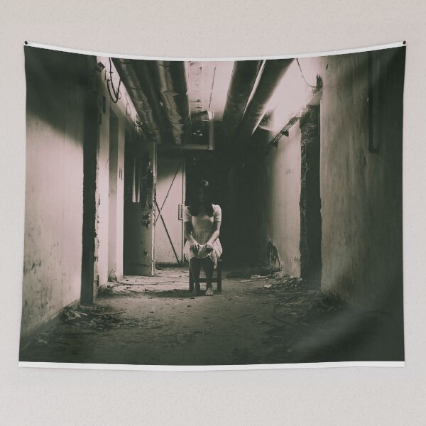 Item preview, Horror scene featuring a solitary white-dressed figure in a decaying environment designed and sold by grande76.
