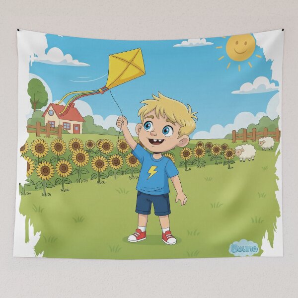 Item preview, Bouno Flying a Kite - Sunny Spring Day Cartoon designed and sold by BounoWorld.