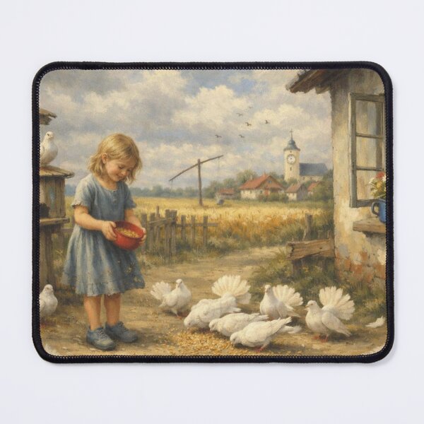 Item preview, Girl Feeding White Pigeons in Summer Village – Poetic Realism Rural Childhood Painting designed and sold by slikar.