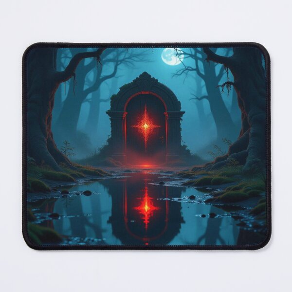 Item preview, Mysterious glowing door in enchanted forest, hidden in the fog, surreal atmosphere full of unknown magic designed and sold by FotoworldEdel.