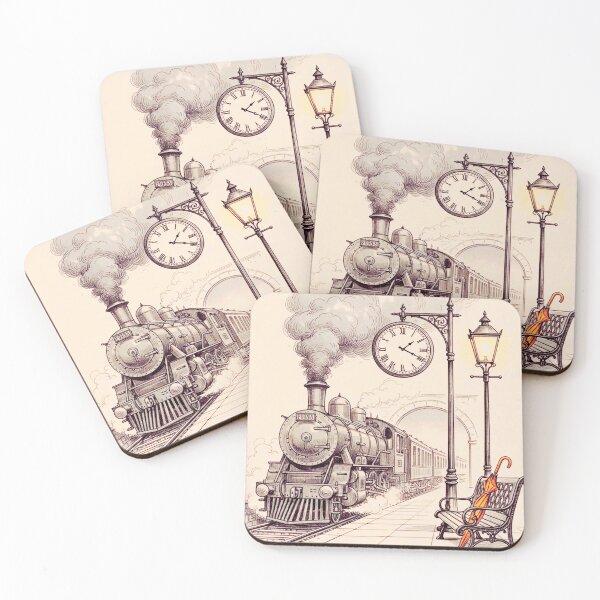 Item preview, Rainy Vintage Train Station & Orange Umbrella – Cinematic Steam Engine Art designed and sold by VauxelleArt.