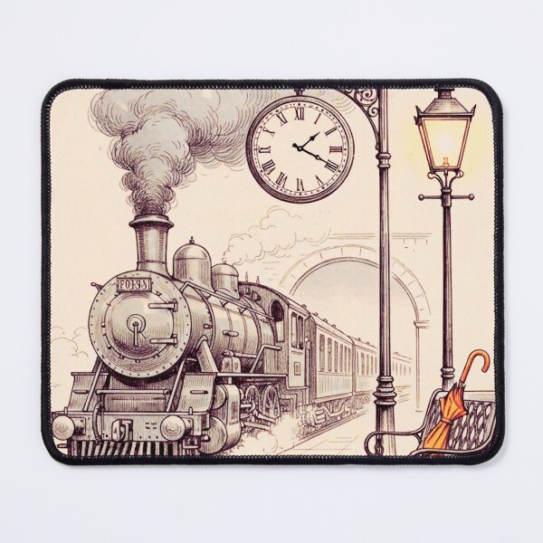 Item preview, Rainy Vintage Train Station & Orange Umbrella – Cinematic Steam Engine Art designed and sold by VauxelleArt.