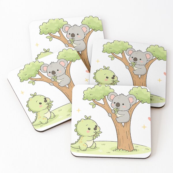 Item preview, Cute Koala and Baby Dinosaur Eating Leaves – Kawaii Animal Friends Illustration designed and sold by MeeraArts&Crafts.