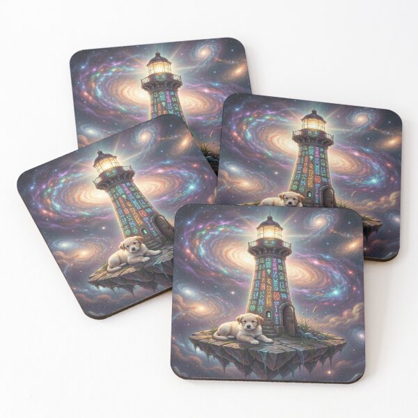 Item preview, Mystical Lighthouse with Cosmic Symbols and Dreamy Puppy in a Surreal Fantasy World designed and sold by FotoworldEdel.