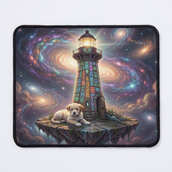 Item preview, Mystical Lighthouse with Cosmic Symbols and Dreamy Puppy in a Surreal Fantasy World designed and sold by FotoworldEdel.