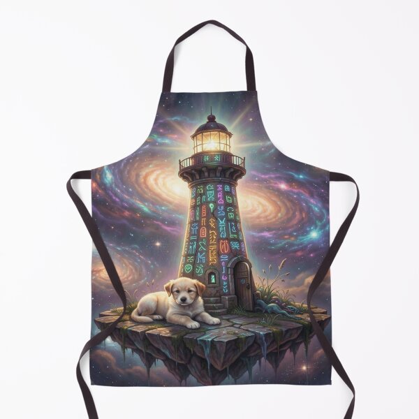 Artikelvorschau, Mystical Lighthouse with Cosmic Symbols and Dreamy Puppy in a Surreal Fantasy World entworfen und verkauft von FotoworldEdel.