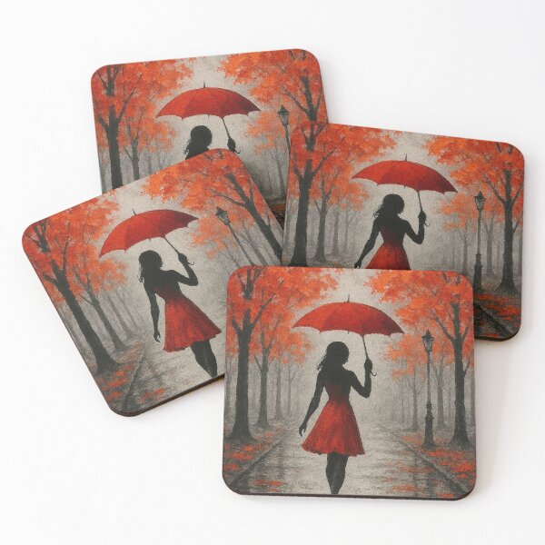 Item preview, Red Umbrella Stroll on Rainy Autumn Path designed and sold by Joey Santiago.