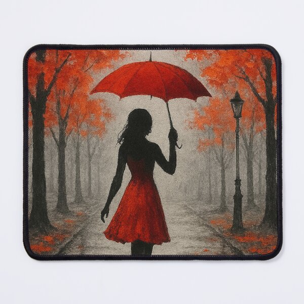Item preview, Red Umbrella Stroll on Rainy Autumn Path designed and sold by Joey Santiago.