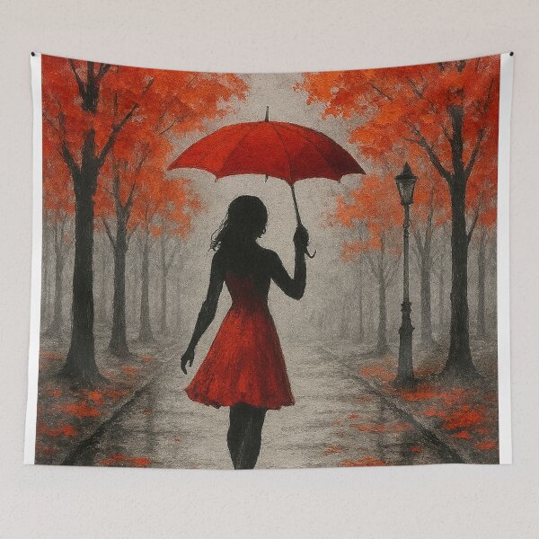 Item preview, Red Umbrella Stroll on Rainy Autumn Path designed and sold by Joey Santiago.