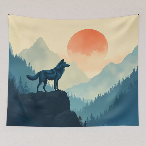 Item preview, Mystical Wolf Mountain Sunset Horizon | Lone Wolf Forest Art designed and sold by DesignsByDessie.