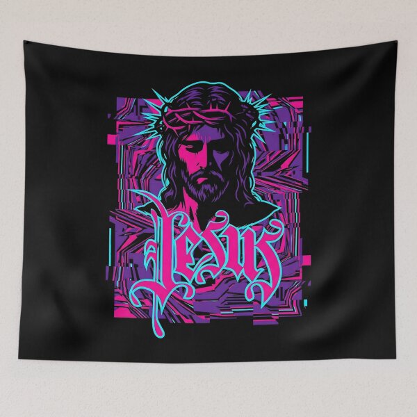 Item preview, Jesus Synthwave Glitch Neon Portrait Cyberpunk 2026 designed and sold by MarCinu Art.