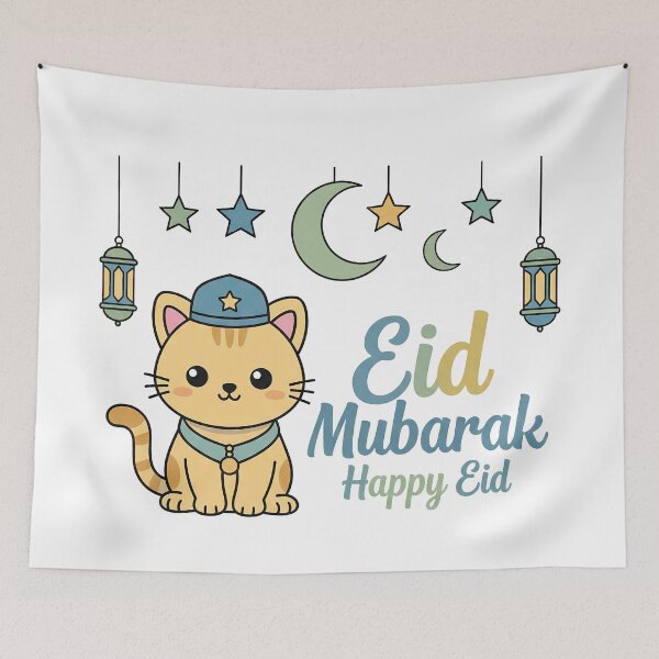 Item preview, Cute Cat with Lanterns Eid Mubarak Sticker - Happy Eid Kawaii Art designed and sold by blastercreation.