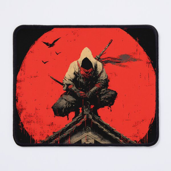 Item preview, Rooftop Ronin Vigil • Hooded Samurai Under Crimson Moon Anime Art designed and sold by NeonHorizon Studio.