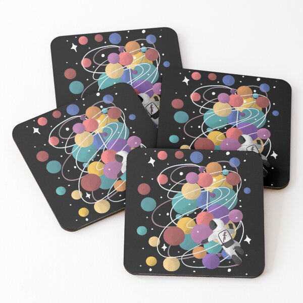 Item preview, Astronaut Orbiting Colorful Orbs on Black - Retro Cosmic Space Adventure designed and sold by TheArtOfTreble.