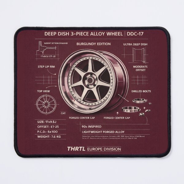 Item preview, 90s Deep Dish 3-Piece Wheel Blueprint – DDC-17 Burgundy Edition | THRTL Europe Division Automotive Art designed and sold by ClassicThrottle.