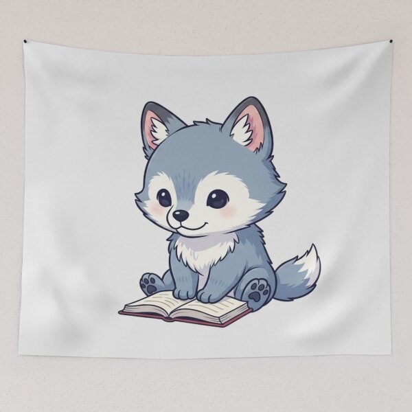 Item preview, Adorable Wolf Pup Reading - Cute Illustrated Wolf Art for Animal Lovers designed and sold by soletstudio.