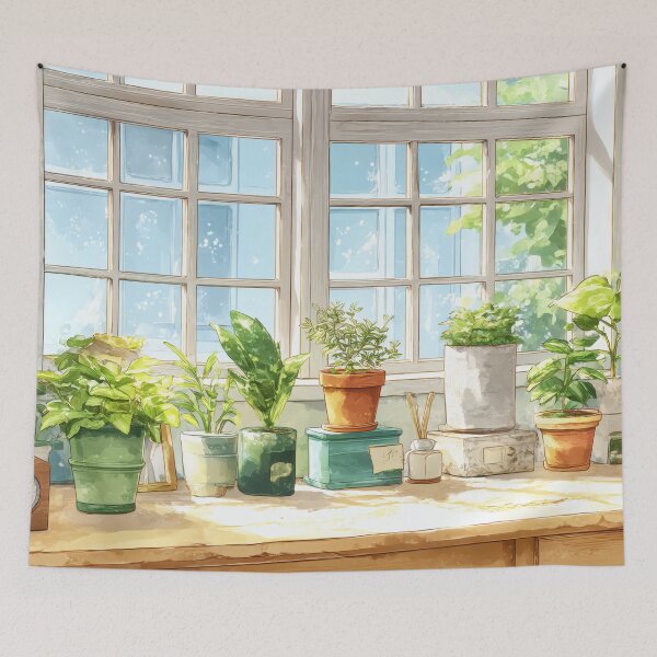 Item preview, Botanical Window Watercolor – Fresh Morning Plant Table (Anime Aesthetic) designed and sold by Whimsical Wayfarer.