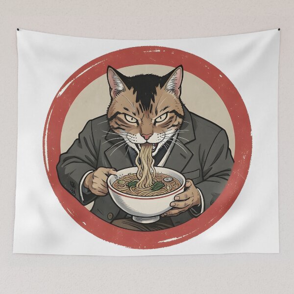 Item preview, black Cat Ramen noodles fierce Yakuza cat eating a bowl of hot ramen designed and sold by Uglyandcute.
