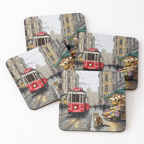 Item preview, Istanbul Taksim Red Tram & Flower Shop Cat - Oil Painting Art designed and sold by Ascend777.