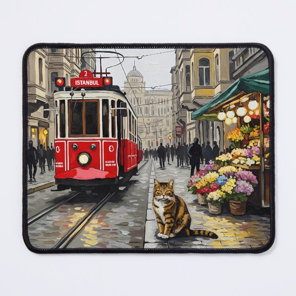 Item preview, Istanbul Taksim Red Tram & Flower Shop Cat - Oil Painting Art designed and sold by Ascend777.