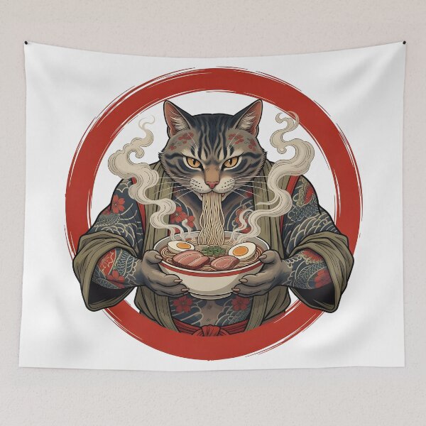 Item preview, Cat Ramen noodles fierce Yakuza cat eating a bowl of hot ramen designed and sold by Uglyandcute.