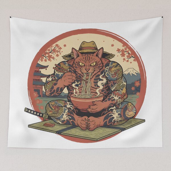 Item preview, Cat Ramen noodles fierce Yakuza cat eating a bowl of hot ramen designed and sold by Uglyandcute.