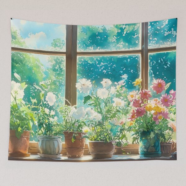 Item preview, Botanical Window Watercolor – Luminous Spring Blossoms in Bright Morning Light (Anime Aesthetic) designed and sold by Whimsical Wayfarer.