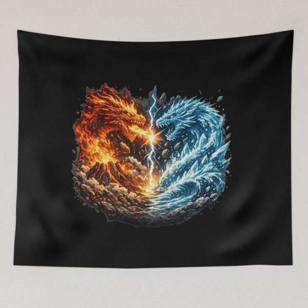 Item preview, Fire and Water Dragon Battle – Elemental Dragons vs Volcano Fantasy Art designed and sold by HubCreates.