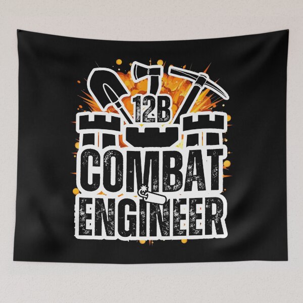 Item preview, 12B Combat Engineer – Explosive Army MOS Design with Castle Top & Tools for Soldiers, Veterans & Military Families Distressed Black Font designed and sold by GFamilyC.
