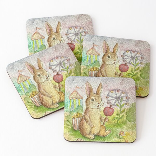 Item preview, Watercolor Fairground Bunny with Toffee Apple designed and sold by ArtbyPriscilla.