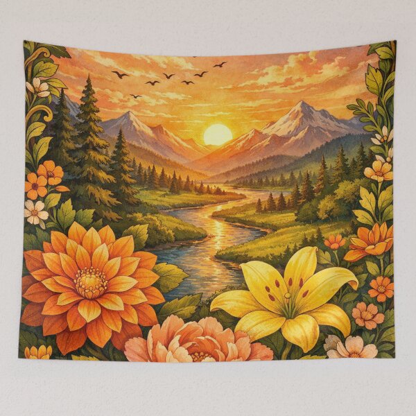 Item preview, Sunset River Floral Landscape Illustration designed and sold by FLATVAC STICKER.