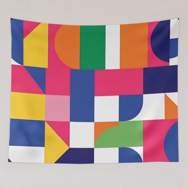 Item preview, Bauhaus Pattern in Blue Yellow Coral Retro Grid Art designed and sold by Timegraf.