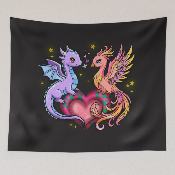 Item preview, Cute Pastel Dragon and Phoenix Love Heart – Fantasy Kawaii Creature Art, Magical Couple Illustration designed and sold by therealkbyers.