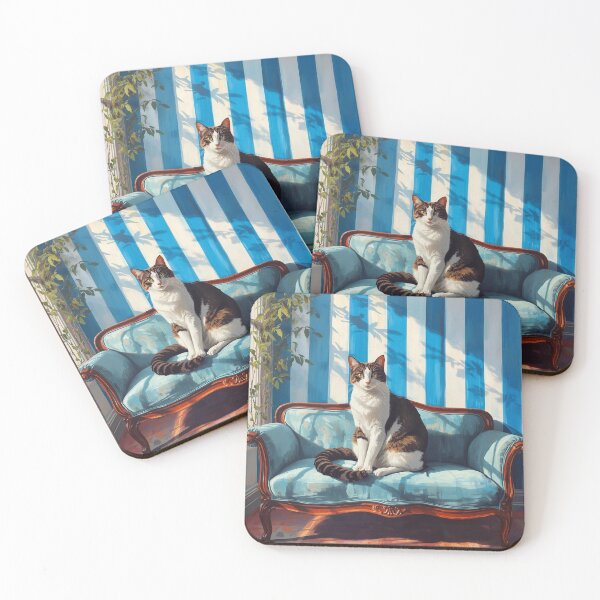 Item preview, Cat sitting on blue stripped sofa  designed and sold by Anisha  Vaz.