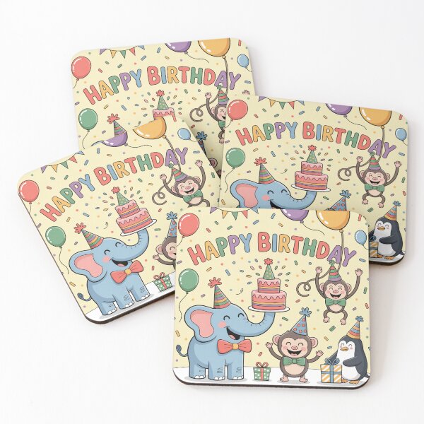 Item preview, Happy Birthday Party Animals – Elephant, Monkey, Penguin & Cake Celebration designed and sold by Midnight Veil Designs.