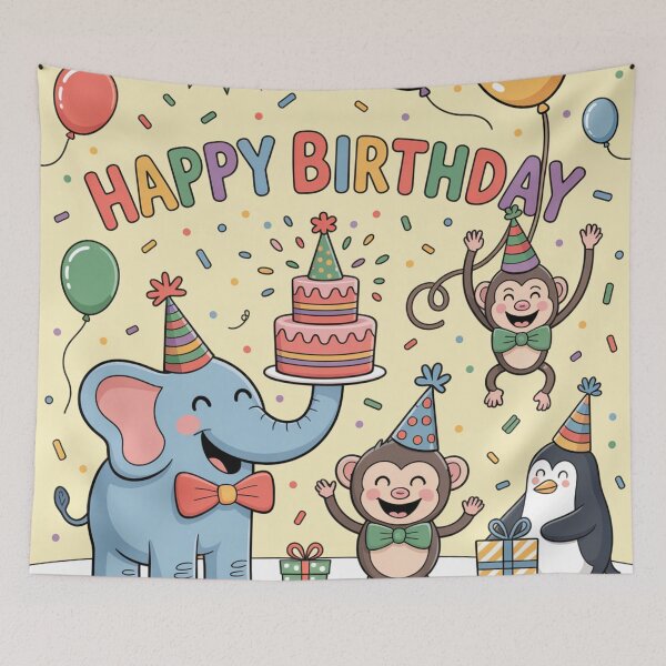 Item preview, Happy Birthday Party Animals – Elephant, Monkey, Penguin & Cake Celebration designed and sold by Midnight Veil Designs.