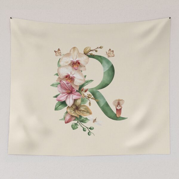 Aperçu de l'œuvre Monogramme élégant en forme de lettre R à thème botanique – Illustration florale d'orchidées et de papillons | Décoration esthétique inspirée par la nature créée et vendue par AmenAlways.