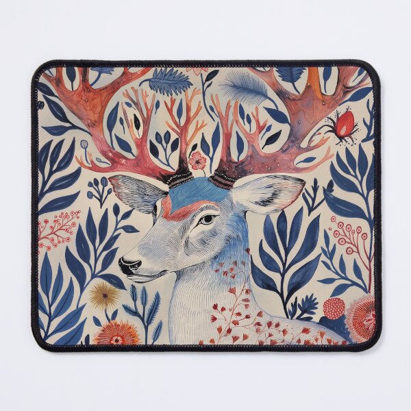 Item preview, Folk Art Deer Red Blue White Floral Botanical designed and sold by TheBohemianLark.