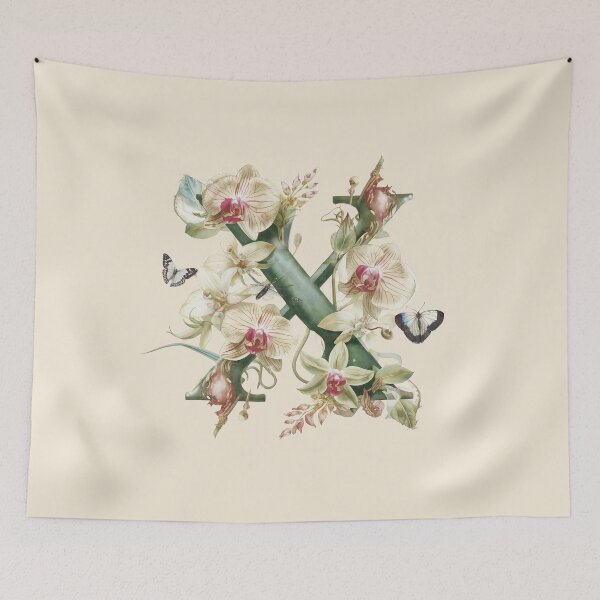 Aperçu de l'œuvre Monogramme élégant en forme de X à motif botanique – Illustration florale d'orchidées et de papillons | Décoration esthétique inspirée par la nature créée et vendue par AmenAlways.