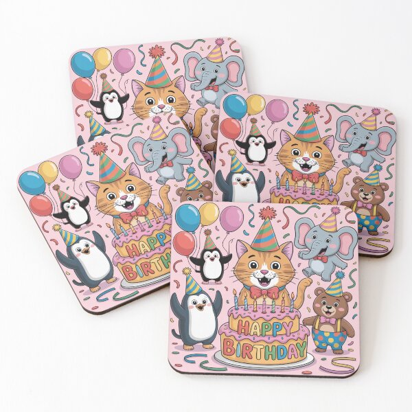 Item preview, Happy Birthday Animal Party – Cute Cat, Elephant, Monkey, Penguin & Cake designed and sold by Midnight Veil Designs.