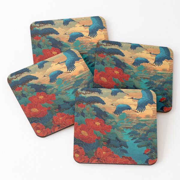 Item preview, Blue Cranes Flying Over Scarlet Blossoms designed and sold by IRRI_3212.