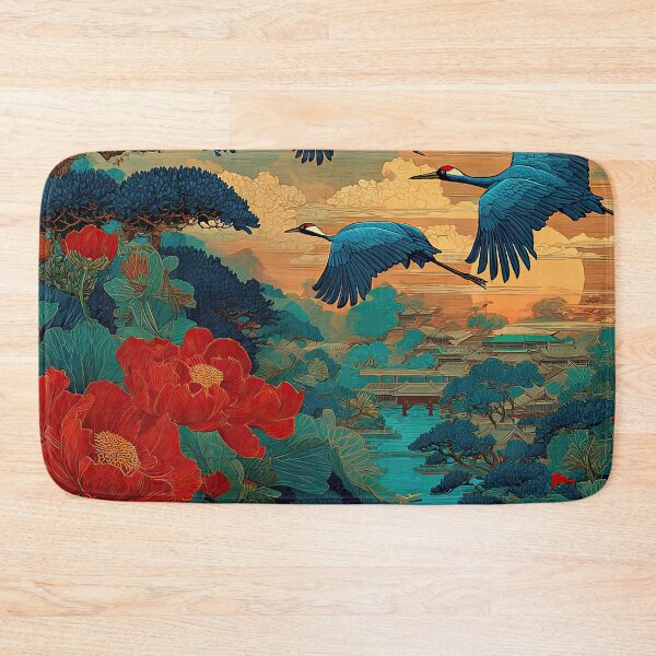 Item preview, Blue Cranes Flying Over Scarlet Blossoms designed and sold by IRRI_3212.