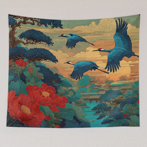 Item preview, Blue Cranes Flying Over Scarlet Blossoms designed and sold by IRRI_3212.