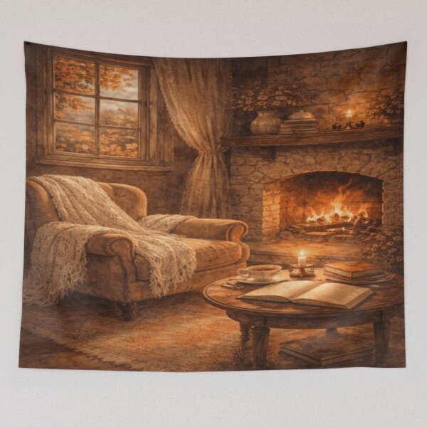 Item preview, Cozy Cottage Fireplace – Autumn Reading Nook Victorian Cottagecore Art designed and sold by ArtFreshStudio.