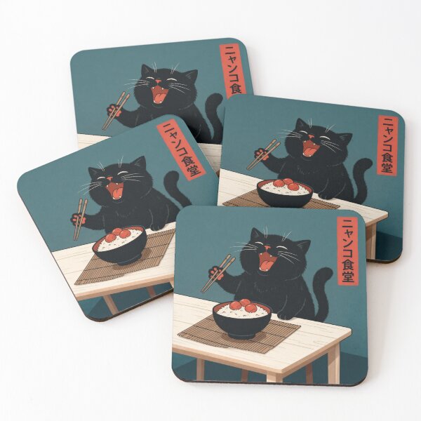 Item preview, Happy Black Cat with Rice Bowl - Cute Japanese Style Illustration designed and sold by AbstractAuraArt.