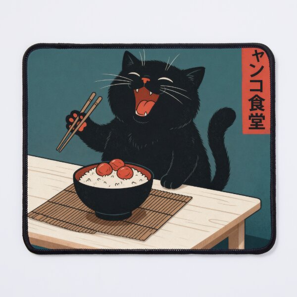 Item preview, Happy Black Cat with Rice Bowl - Cute Japanese Style Illustration designed and sold by AbstractAuraArt.