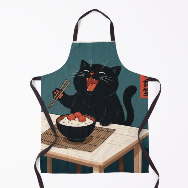 Item preview, Happy Black Cat with Rice Bowl - Cute Japanese Style Illustration designed and sold by AbstractAuraArt.
