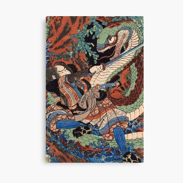 Japanese Warrior Battles Giant Serpent Canvas Print