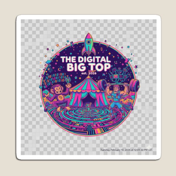 Artikelvorschau, Der digitale Zirkus 2026 – Cyber-Zirkus-Aufkleber | Neon-futuristischer Karneval entworfen und verkauft von mdj96.